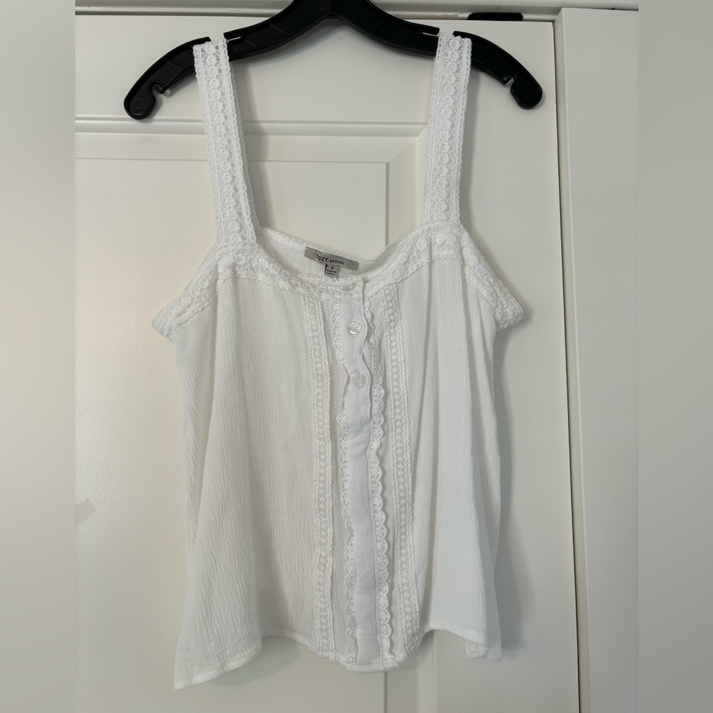 White tank top with lace straps and button down top